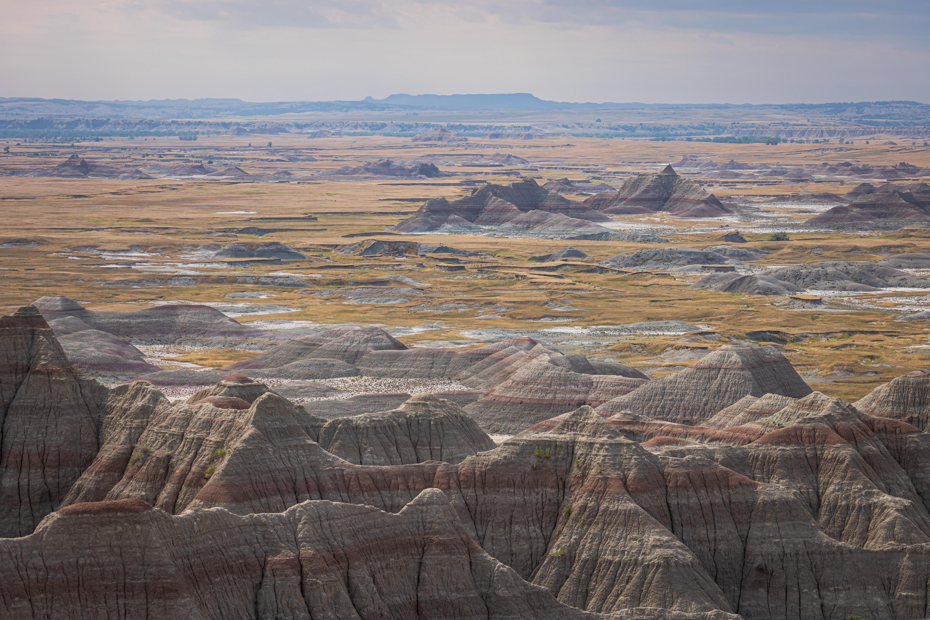Yellow-green grassland is punctured by occasional rocky hills and rock formations