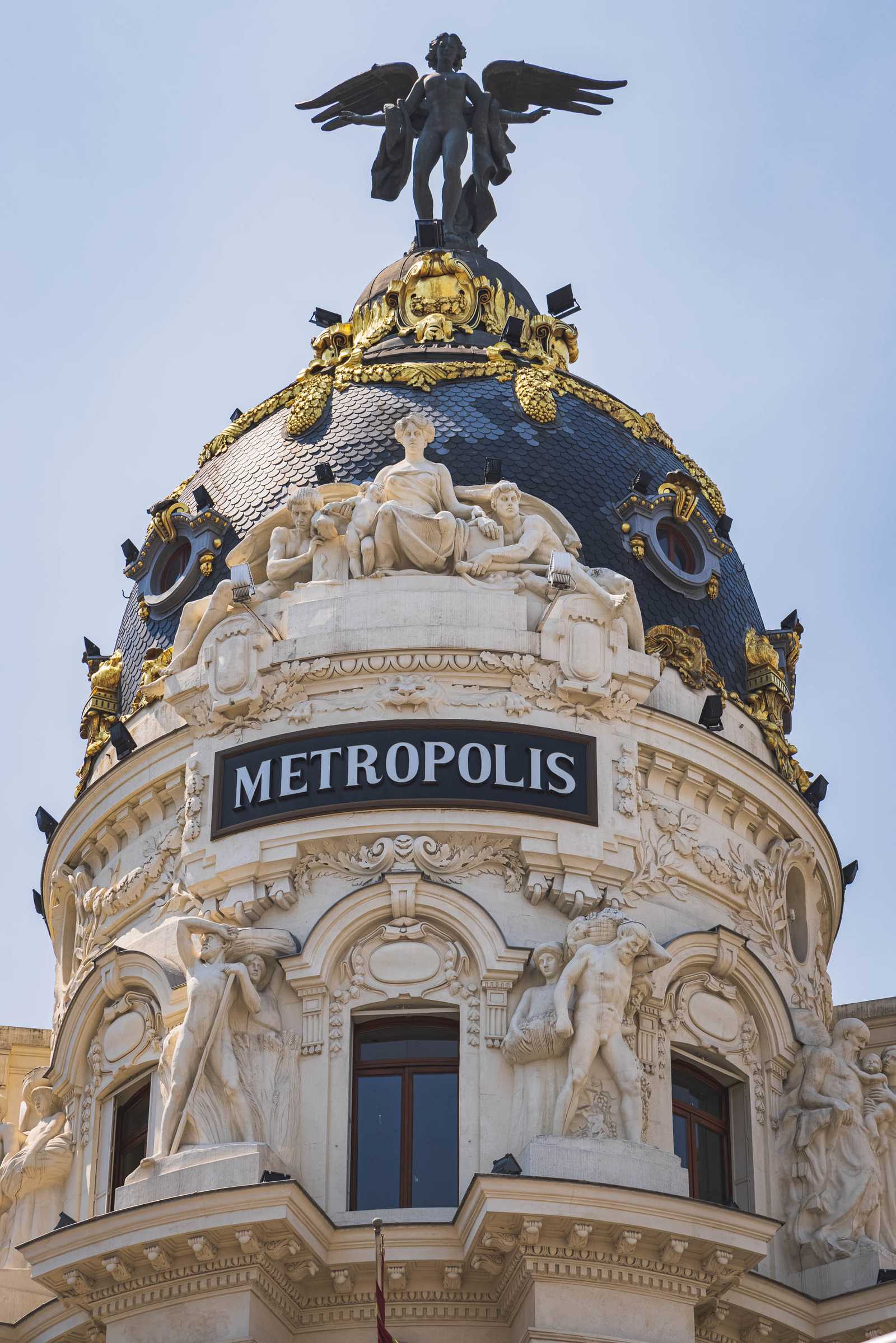 The dome at the top of the Metropolis Building in Madrid