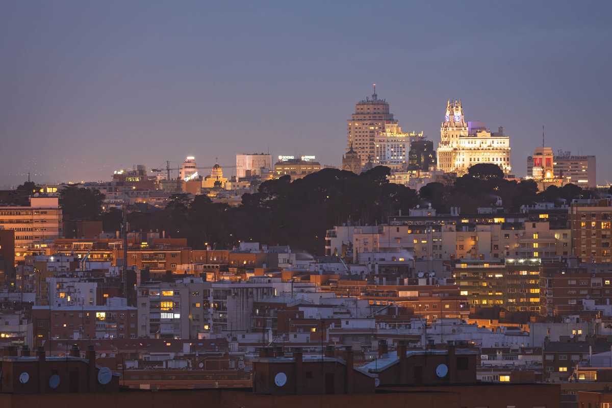 A view of some of the buildings in central Madrid from afar.
