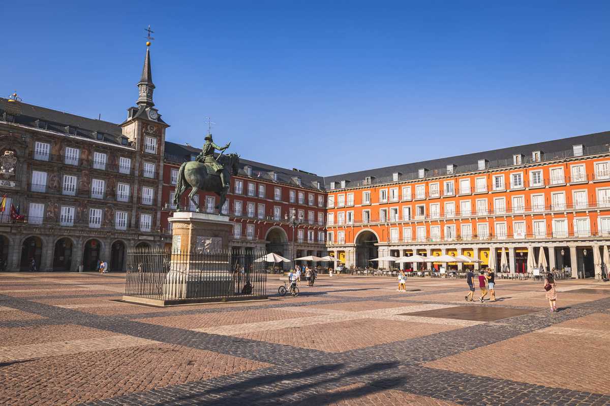 Plaza Mayor, the center of Old Madrid, in the sunshine