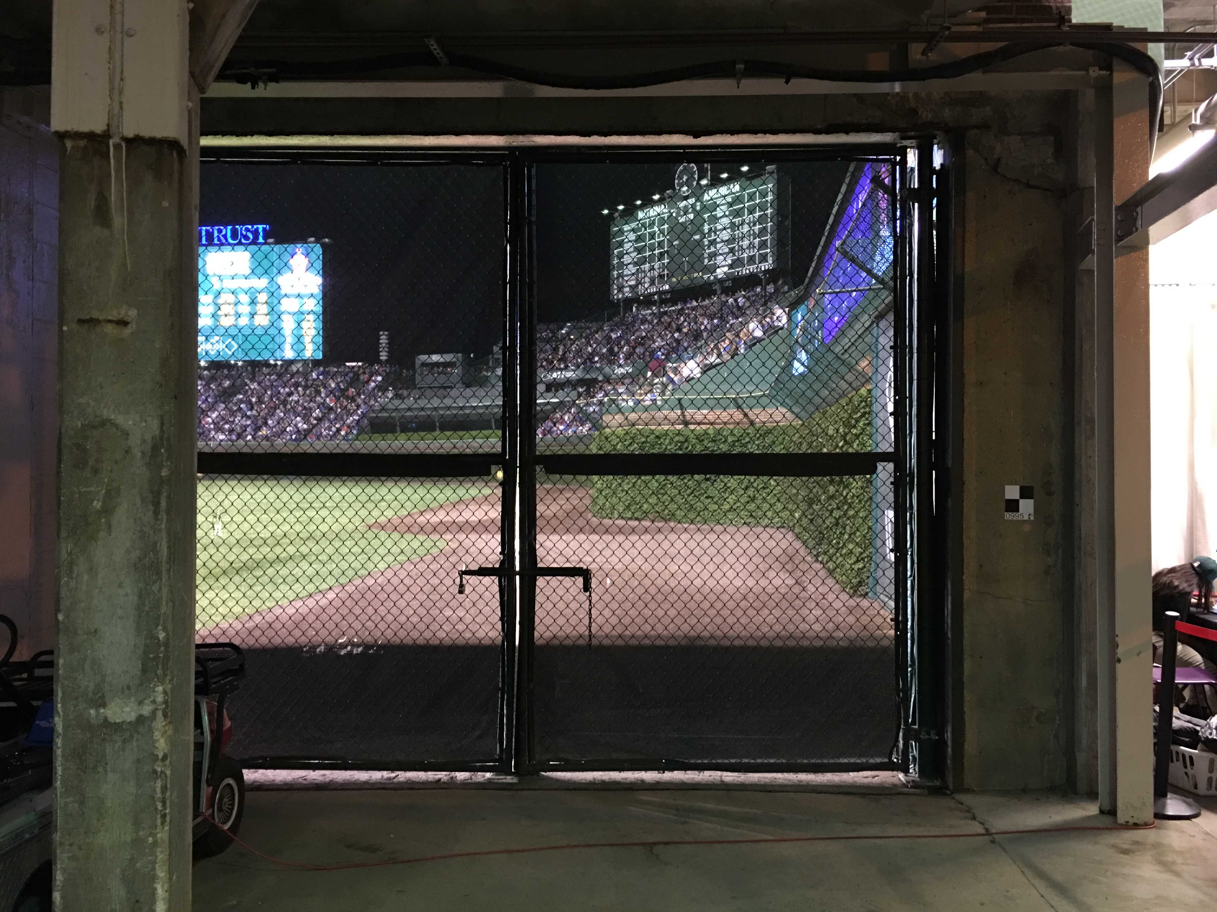 Looking through a chain-link door onto the green grass at Wrigley Field, a baseball stadium filled with people during a game.