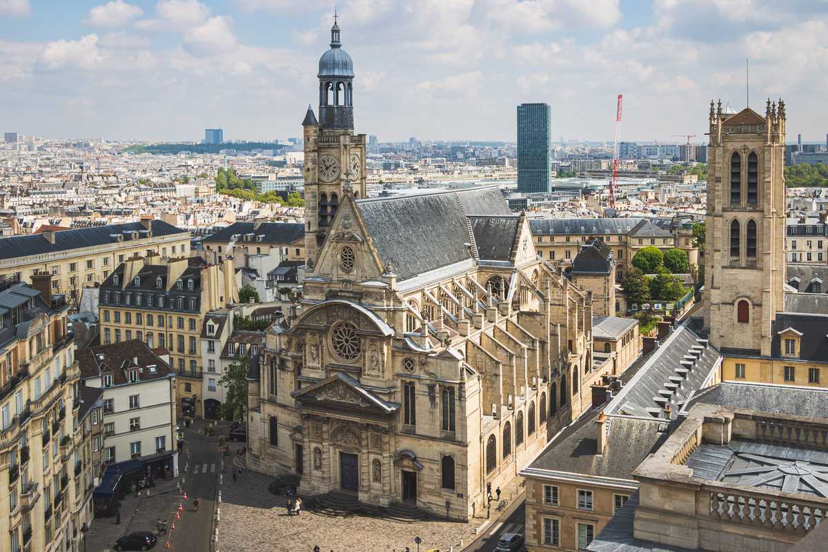 Looking down at a large church next to a small plaza, a classic Paris neighborhood scene